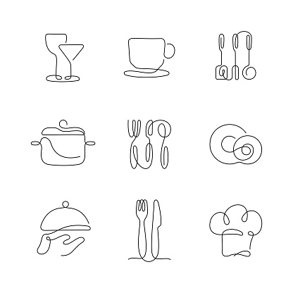 Kitchen utensils artistic style continuous line icon set. Editable stroke.