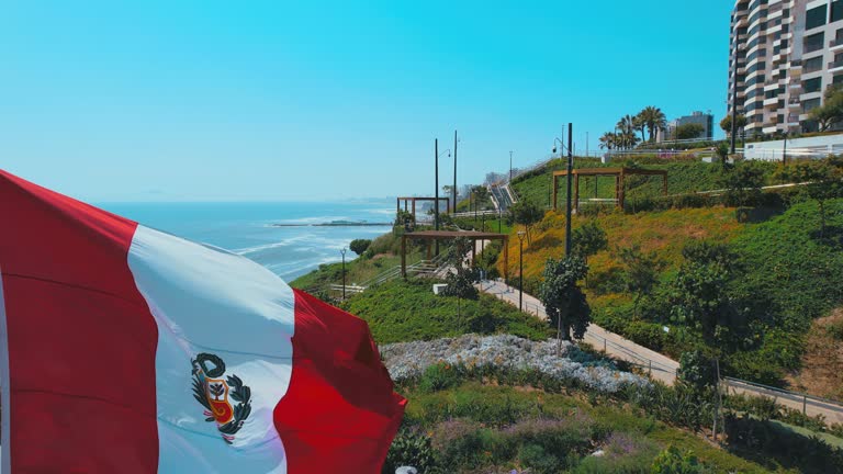 Panoramic aerial view of Miraflores district coastline parque bicentenario  in Lima, Peru.