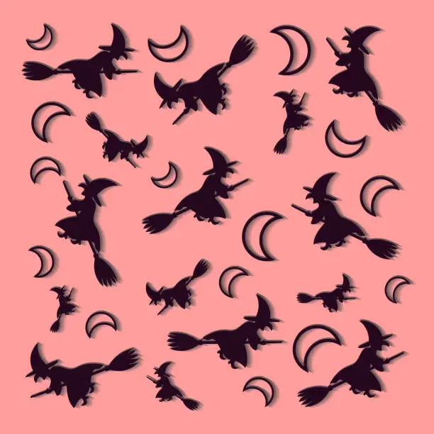 Vector illustration of Square Halloween pattern with half moon and flying witches