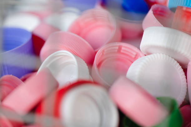 Collection of many plastic caps for recycling