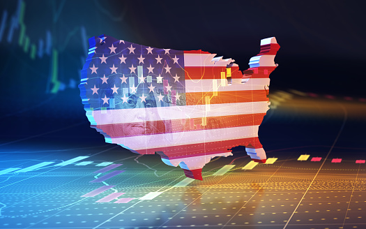 Mapa de la frontera estatal mundial de Estados Unidos, Bandera estadounidense texturizada, Concepto de economía de Estados Unidos photo