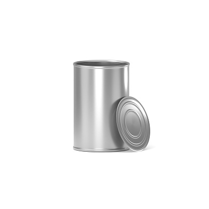 Side view of shiny aluminum or tin can on white background with lid open