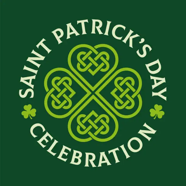 Vector illustration of St. Patrick Day with four leaf clover symbol on green background.