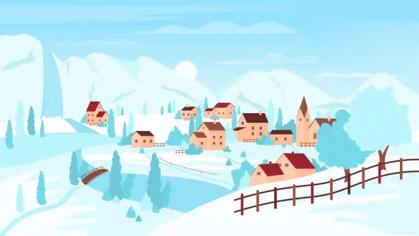 Vector illustration of Countryside European winter landscape, scenery with mountain ski resort and village