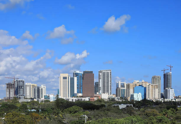 Fort Lauderdale, Florida, USA - February 2, 2023:  Growing Fort Lauderdale skyline with numerous cranes working on  high-rise towers.