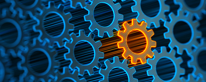 Abstract gears background with unique glowing yellow cogwheel. Stand out from the crowd. Business concept. 3d illustration.
