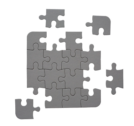 Jigsaw puzzle for use a design element. It is easily selected with the Magic Wand tool, and it is 50% gray, enabling an image to be overlaid as an Overlay layer.