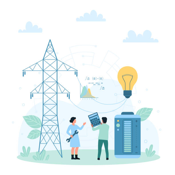 Electric power distribution, tiny people connect light bulb with high voltage power line Electric power production and distribution vector illustration. Cartoon tiny people connect light bulb, battery with high voltage power line on steel tower by wires, electricity infrastructure electrical tower illustration stock illustrations