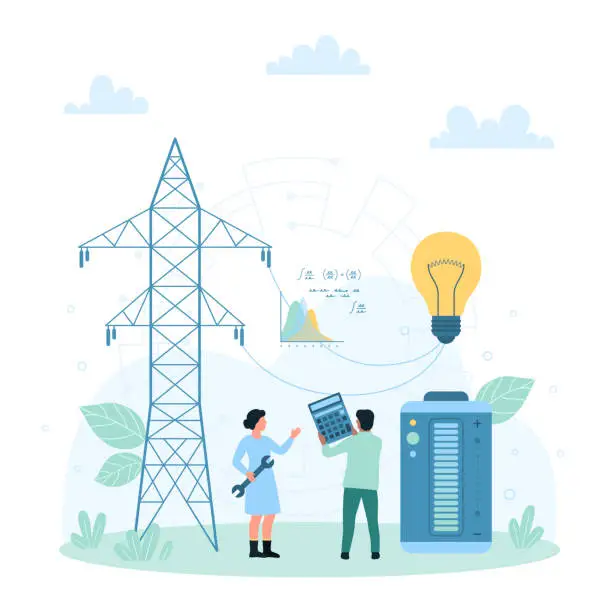 Vector illustration of Electric power distribution, tiny people connect light bulb with high voltage power line