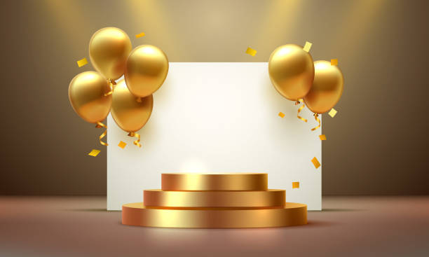 istock balloon golden podium present, celebrate happy birthday, gold platform banner. Vector 1465988427