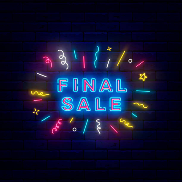 Final Sale neon signboard with colorful confetti firework. Special offer emblem. Vector stock illustration Final Sale neon signboard with colorful confetti firework. Special offer emblem. Retail marketing emblem. Shiny banner. Editable stroke. Vector stock illustration discount coupon template silhouette stock illustrations