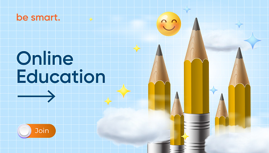 Online Education web banner with pencils and clouds. Back to school template, ad, landing page or poster for web design, startup or courses. Vector illustration