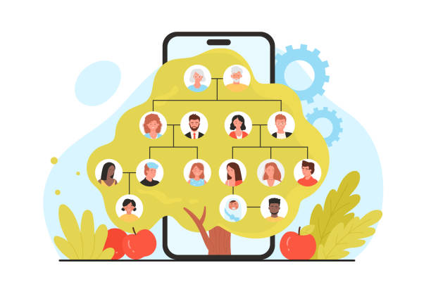 Family tree mobile app, genealogy template, portraits of four generations of relatives Family tree mobile app, genealogy template vector illustration. Cartoon apple green tree with branches and portraits of four generations of relatives in infographic history chart on phone screen pics of family tree chart stock illustrations
