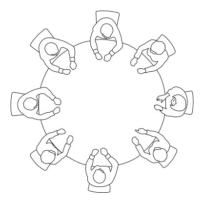 Line art drawing of business meeting top view on circle table conference office team .