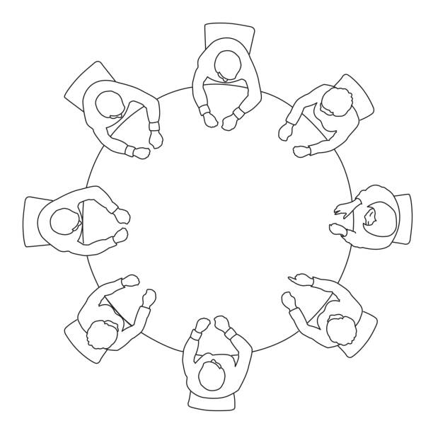 Line art drawing of business meeting top view . Line art drawing of business meeting top view on circle table conference office team . conference table stock illustrations