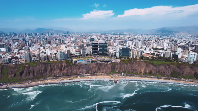 Panoramic aerial view of Miraflores district coastline in Lima, Peru.
