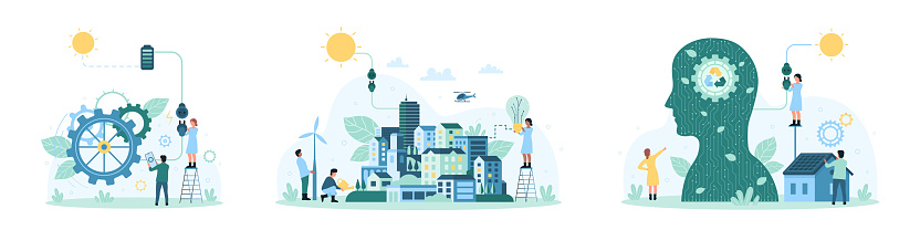 Green energy set vector illustration. Cartoon tiny people work with eco friendly technology and renewable resources to generate electricity for abstract city by connecting wires to sun, windmill