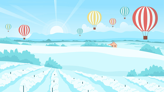 Winter landscape with cute balloons flight vector illustration. Cartoon big hot air colorful balloons flying in blue sky over snowy fields and vineyards in rural countryside sunrise scenery background