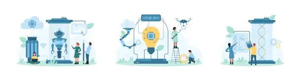 Vector illustration of Science technology of future set, tiny people build and repair robot, research DNA