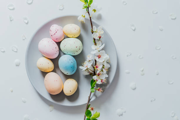 istock Top view colored easter eggs on the gray plate, blooming tree branch in vase and flower petals on the white table. Happy Easter and springtime card. Minimalism and simplicity. Selective focus. 1465998225
