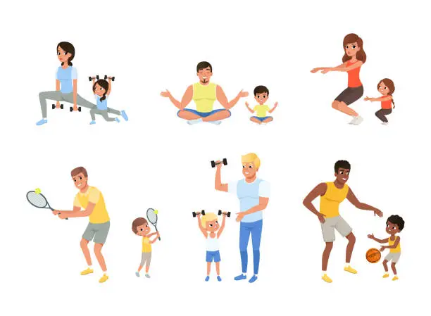 Vector illustration of Parents and kids doing sports together set, Mom and dad playing tennis, basketball, doing yoga, exercising with dumbbells with their children cartoon vector illustration