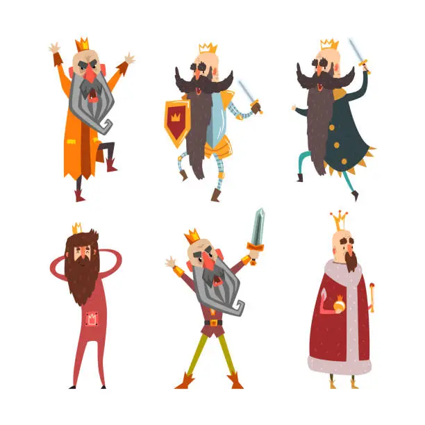 Vector illustration of Set of funny bearded kings in golden crowns and mantles. Monarchy, kingdom concept cartoon vector illustration