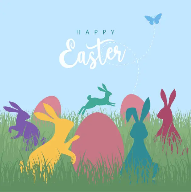 Vector illustration of Easter card with rabbit and eggs.