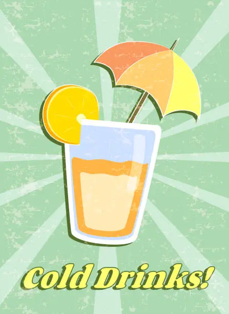 Vector illustration of Cold Drinks poster with cocktail glass and citrus slice and decorative umbrella, summer old-fashioned poster