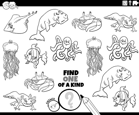 Black and white cartoon illustration of find one of a kind picture educational task with comic marine animal characters coloring page