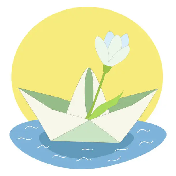 Vector illustration of paper boat with a flower in a puddle