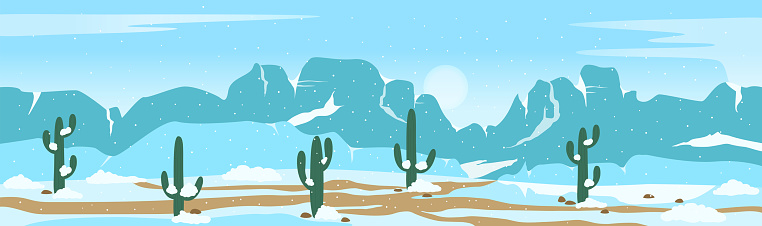 Desert landscape with snow on cactuses and rocks of wild West canyon vector illustration. Cartoon panorama scenery with cacti and snowflakes, mountain on horizon, extreme cold weather and disaster