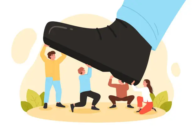 Vector illustration of Giant foot step to crush team of business people, big shoe crushing tiny employees