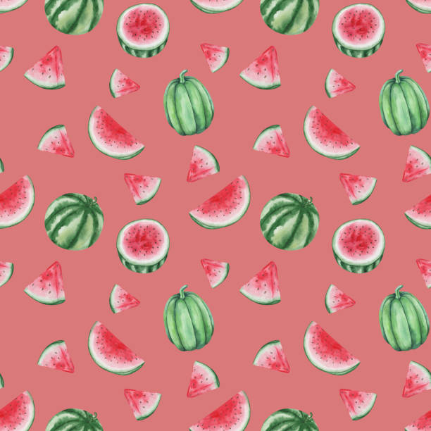 aquarell nahtloses muster. handgemalte illustration einer grünen, roten wassermelone mit schwarzen samen in zwei hälften geschnitten, in scheiben geschnitten. sommerfrüchte, süße beeren. druck auf rotem hintergrund für textilgewebe, verpackung - red backgrounds watercolor painting striped stock-grafiken, -clipart, -cartoons und -symbole