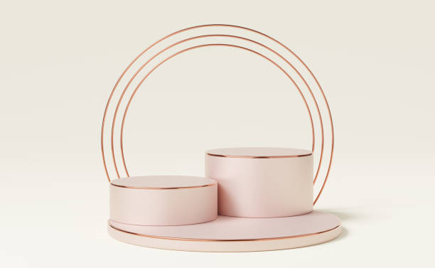 istock Empty old rose cylinder podium with border and 2 copper circle on beige background. Abstract minimal studio 3d geometric shape object. Pastel pedestal mockup space of product design. 3d render. 1466014670