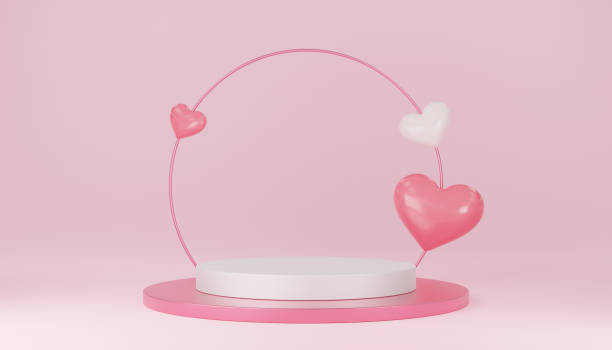 istock Empty white cylinder podium with pink circle, 3 hearts balloons on arch and copy space background. Valentine's Day interior with pedestal. Mockup space for display of product. 3d rendering. 1466014767