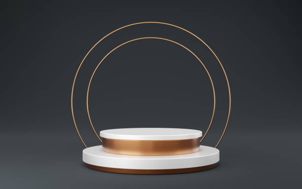 istock Empty white and gold cylinder podium with 2 copper circle on gray background. Abstract minimal studio 3d geometric shape object. Mockup space for display of product design. 3d rendering. 1466014911