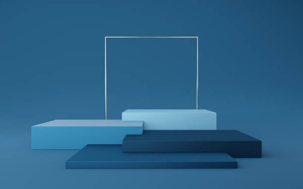 istock Empty blue cube podium and gold square on blue background. Abstract minimal studio 3d geometric shape object. Mockup space for display of product design. 3d rendering. 1466014923