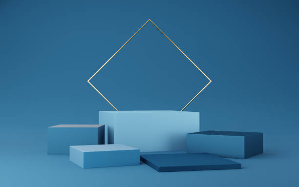 istock Empty blue cube podium and gold square on blue background. Abstract minimal studio 3d geometric shape object. Mockup space for display of product design. 3d rendering. 1466014944