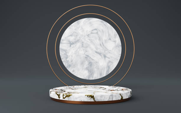 istock Empty white marble cylinder podium with gold striped and copper circle on gray background. Abstract minimal studio 3d geometric shape object. Mockup space for display of product design. 3d rendering. 1466014946