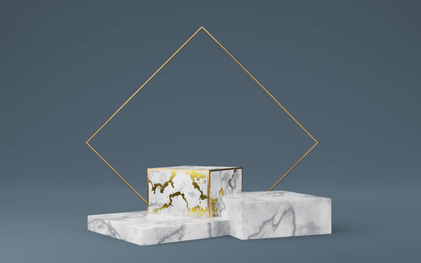 istock Empty white cube podium with gold border, blue striped and gold square on gray background. Abstract minimal studio 3d geometric shape object. Mockup space for display of product design. 3d rendering. 1466014958