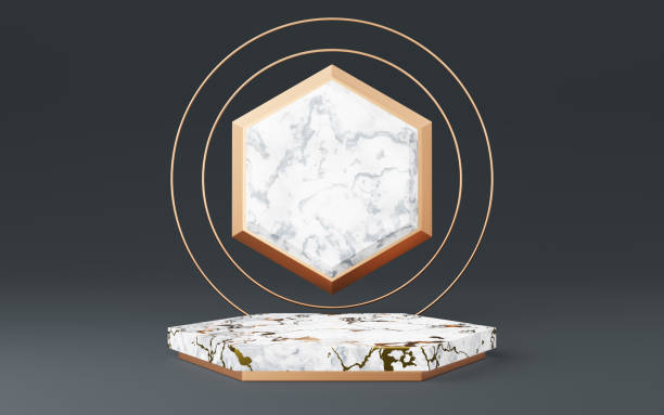istock Empty white marble hexagon podium with gold striped and copper circle on gray background. Abstract minimal studio 3d geometric shape object. Mockup space for display of product design. 3d rendering. 1466015062