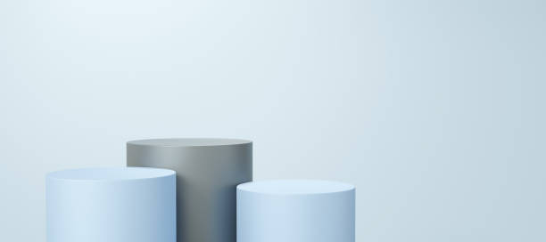istock Empty gray and blue cylinder podium floating on white copy space background. Abstract minimal studio 3d geometric shape object. Pedestal mockup space for display of product design. 3d rendering. 1466015107