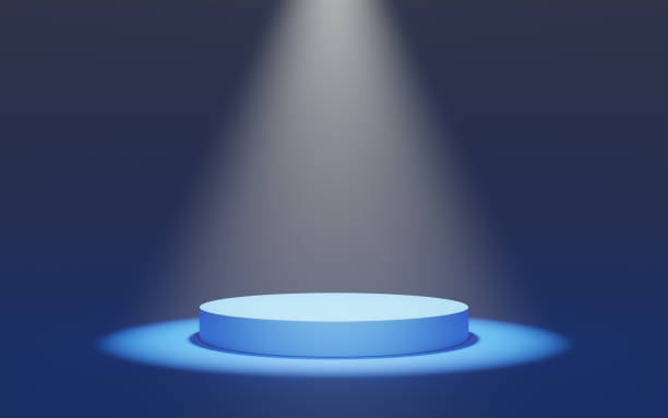 istock Empty blue cylinder podium with fog on bright background. Pedestal illuminated by spotlights. Abstract minimal studio 3d geometric object. Mockup space for display of product design. 3d rendering. 1466015397
