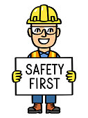 istock Worker holding a placard with text "Safety first" 1466016618