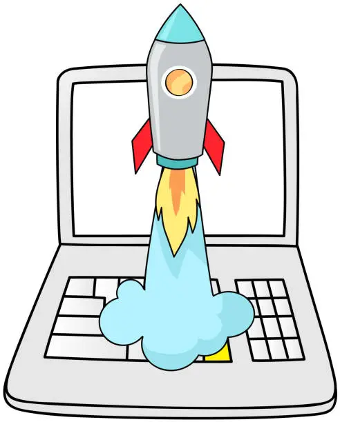 Vector illustration of Rocket, startup symbol on laptop. Start of project, launch new plan, work with computer concept