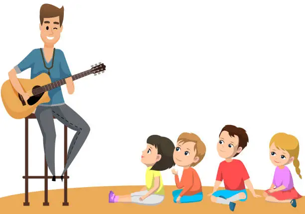 Vector illustration of Cartoon father playing guitar and singing with his children at home. Family enjoying time at home