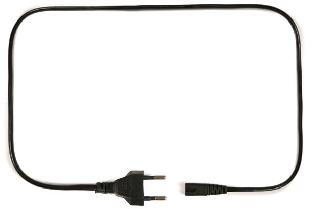 Electric plug isolated on white background. Black power cable with plug. Power cord close-up. High resolution photo. Full depth of field.