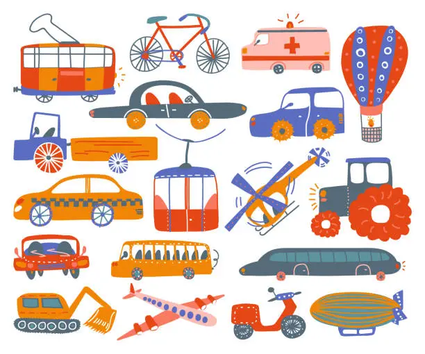 Vector illustration of Street Transport and Urban Road Vehicle for Carrying Passengers Big Vector Set