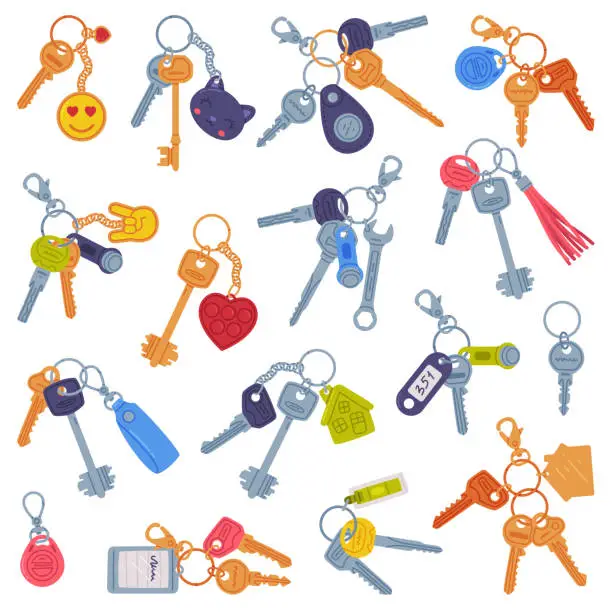 Vector illustration of Trinket with Keys Hanging with Keychain or Keyring Vector Set