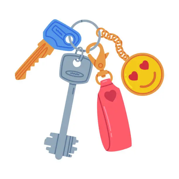 Vector illustration of Trinket with Key Hanging with Keychain or Keyring Vector Illustration